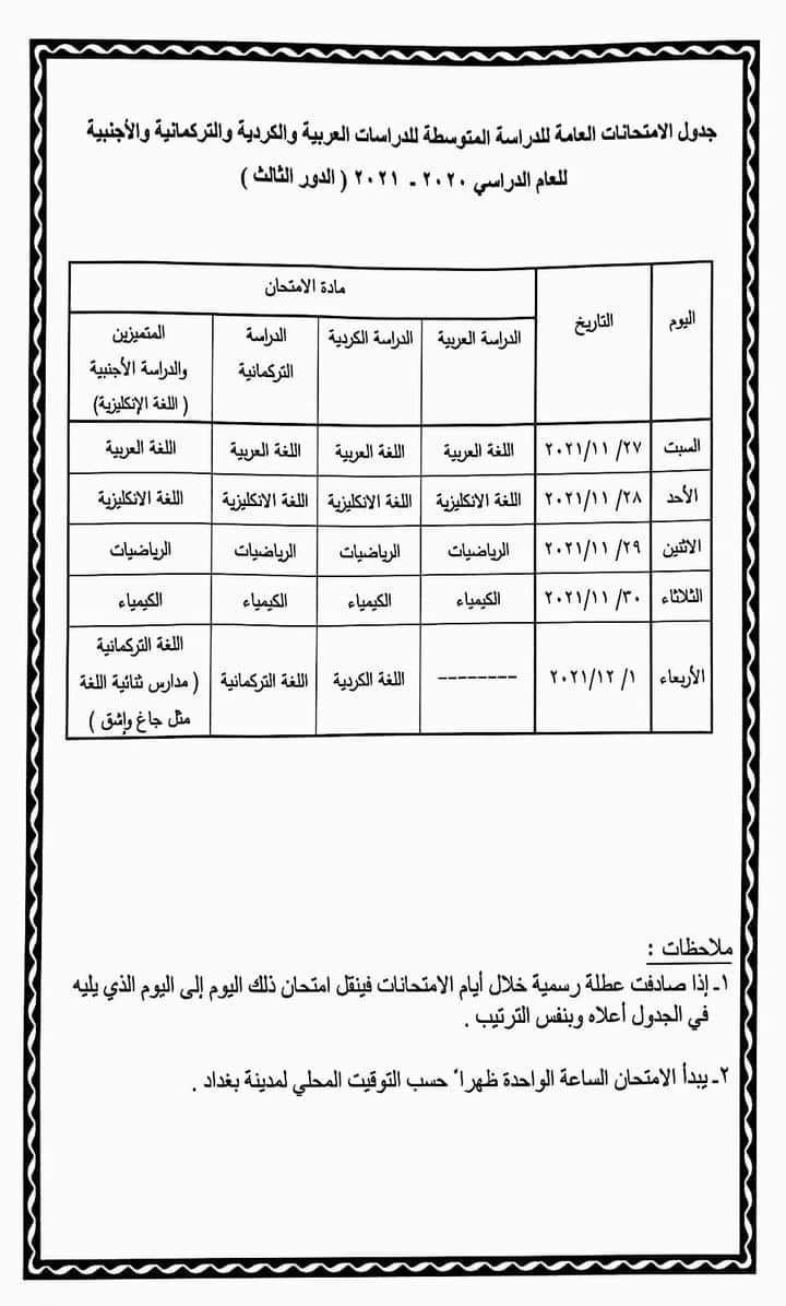 جدول الدور الثالث لطلاب الصف الثالث المتوسط 2020 - 2021